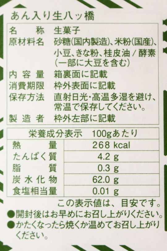 元祖八ツ橋西尾為忠商店の原材料と成分表示